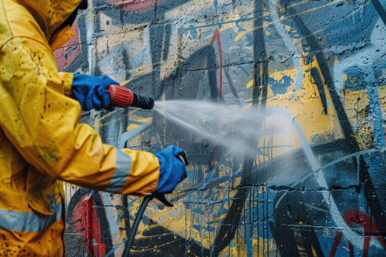 a person removing graffiti from the wall